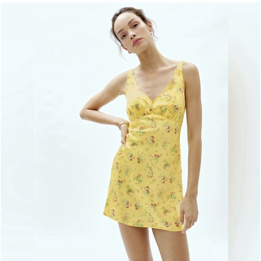 Reformation Women's Yellow Floral Ellery Silk Slip Dress‎ Size Small